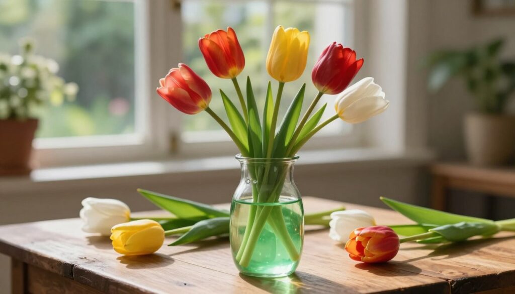 A clear glass vial of a vibrant green flower nutrient solution, placed prominently in the foreground. The vial reflects natural sunlight, creating a soft, inviting glow. Surrounding the vial are freshly cut tulips in various colors—reds, yellows, and whites—arranged elegantly in a simple glass vase. In the middle ground, a rustic wooden table adds warmth to the scene, enhancing the organic feel. The background features a softly blurred garden window, filtering in dappled light and hinting at outdoor greenery, contributing to a serene, uplifting atmosphere. The composition should evoke a sense of freshness and vitality, emphasizing the importance of flower nourishment in maintaining tulip longevity. Use a shallow depth of field to focus on the vial and tulips while gently blurring the background.