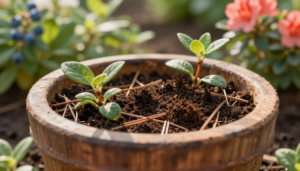 A close-up composition of a rustic wooden pot filled with rich, dark soil, showing fragments of natural materials like pine needles and coffee grounds, symbolizing the process of acidifying soil. Surrounding the pot, delicate green leaves of acid-loving plants, such as azaleas or blueberries, are thriving. Soft, warm sunlight filters through the leaves, creating a serene and organic atmosphere. The background features a blurred garden infused with hints of greenery and vibrant flowers, enhancing the focus on the pot. The image has an inviting and earthy tone, encouraging a sense of natural gardening and sustainability, captured with a shallow depth of field to emphasize the pot in the foreground.