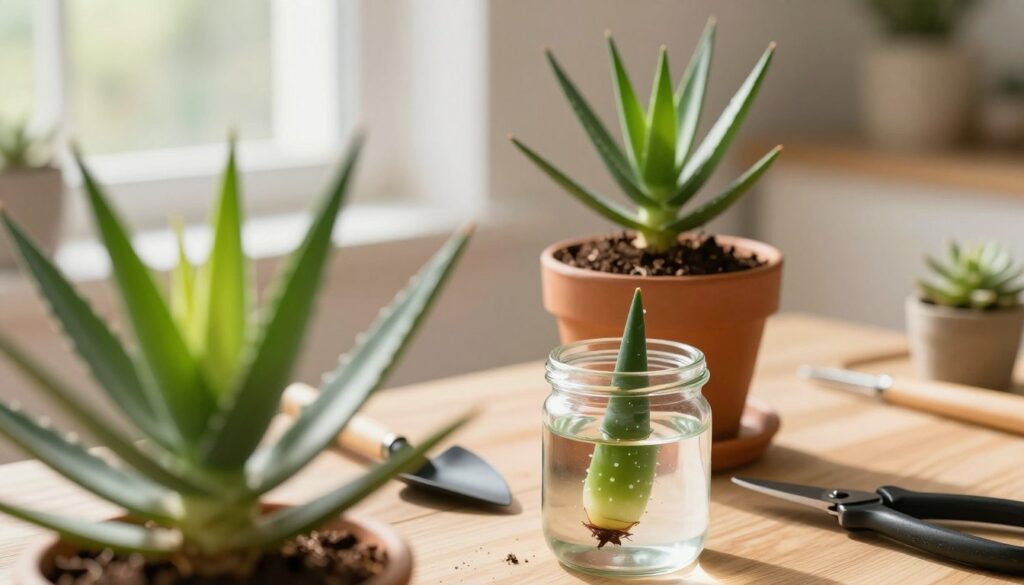 A close-up image focusing on a healthy yucca plant in a well-lit indoor setting, showcasing various propagation methods. In the foreground, highlight vibrant green yucca leaves, with one cutting submerged in clear water in a glass jar. In the middle ground, display a soil-filled pot with another yucca cutting, surrounded by gardening tools like a small trowel and pruning shears. The background should be softly blurred, featuring a warm, inviting room with sunlight streaming through a window, creating a serene atmosphere. Use natural lighting to enhance the colors, capturing a cozy and nurturing vibe. The composition should be balanced and aesthetically pleasing, emphasizing the growth aspects of propagating yucca.