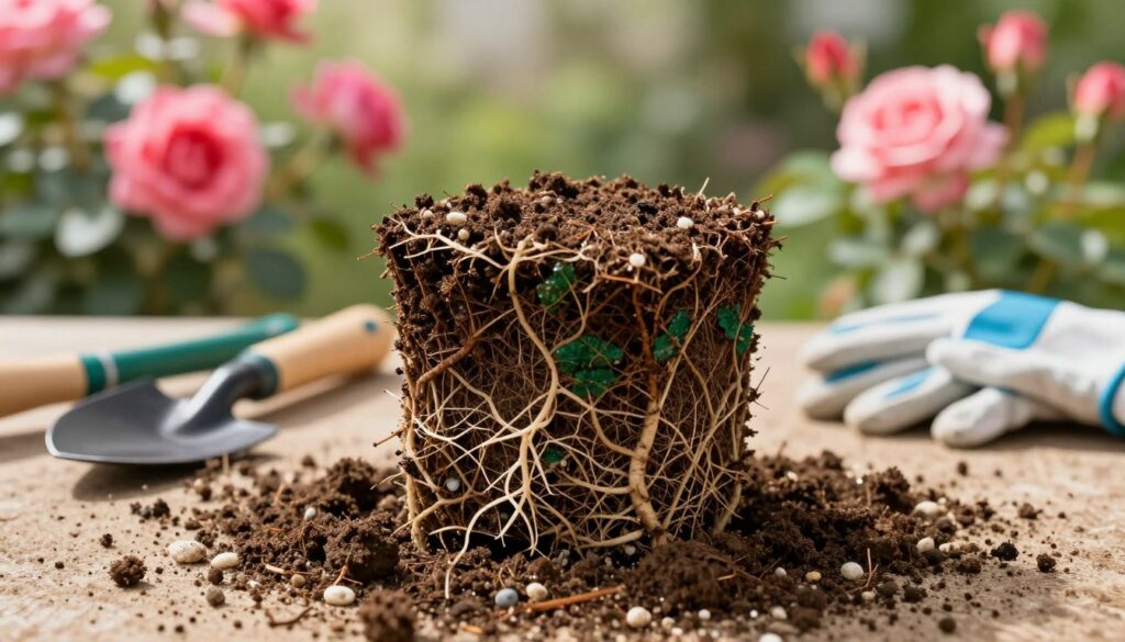 A close-up image of a healthy root ball, showcasing its intricate network of roots intertwined with soil and small pebbles. In the foreground, the rich brown and dark green colors of the root ball contrast sharply with the lighter, textured soil. The middle ground features gardening tools like a trowel and gloves, neatly arranged around the root ball, hinting at the process of transplantation. In the background, a soft-focus garden scene bathed in warm, natural sunlight illuminates vibrant roses in full bloom, creating a tranquil atmosphere. The image captures a serene moment, emphasizing the importance of caring for the root system during transplantation, with an inviting and educational vibe.