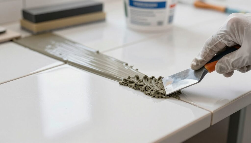 A close-up image of an epoxy grout application process on white tiles, showcasing the textured surface of the grout as it fills the spaces between the tiles. In the foreground, a gloved hand applies the epoxy grout using a trowel, emphasizing the intricacy of the task. The middle ground features a smooth, shiny layer of epoxy grout, contrasting with the matte finish of the white tiles. In the background, softly blurred, there are tools such as a grout float and mixing container, hinting at a well-prepared workspace. The lighting is bright and natural, casting soft reflections on the tile surfaces, creating a professional and clean atmosphere. The overall mood is focused and industrious, illuminating the meticulous nature of using epoxy grout for lasting and visually appealing results.