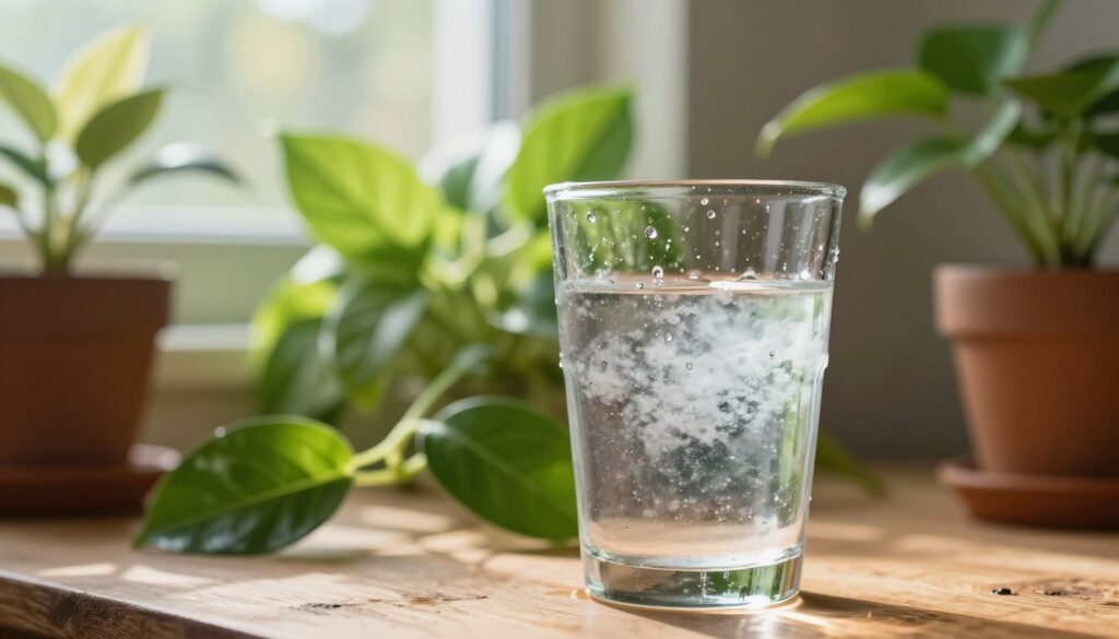A close-up of a glass of hard water, showcasing its mineral deposits and cloudy appearance, placed on a wooden table surrounded by thriving potted plants. In the foreground, the glass is prominently displayed with a few droplets of water beading on its surface, reflecting soft sunlight. In the middle ground, vibrant green leaves from the plants bend slightly towards the light, hinting at their struggle while being watered with hard water. In the background, a subtle blur of a sunny window, with rays of light filtering through, creates a warm and inviting atmosphere. The overall mood should convey concern for plant health while highlighting the effects of hard water, with a bright, natural color palette.