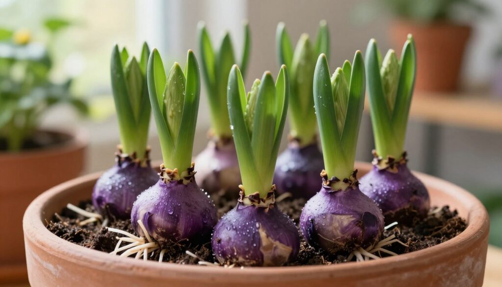 A close-up of quality hyacinth bulbs, showcasing their distinctive teardrop shape and rich textures, nestled in a rustic terracotta pot filled with well-draining soil. The foreground should focus on the bulbs, highlighting their rich purples and deep greens, with a few emerging roots. In the middle ground, vibrant greenery, including delicate leaves and early shoots of the hyacinths, should begin to emerge, adding a splash of freshness. The background should feature soft, blurred hints of a sunlit indoor garden setting with gentle bokeh effects to create a warm, inviting atmosphere. Natural lighting should illuminate the scene, emphasizing the dewy texture of the soil and the healthy vibrancy of the bulbs, while conveying a sense of growth and anticipation.
