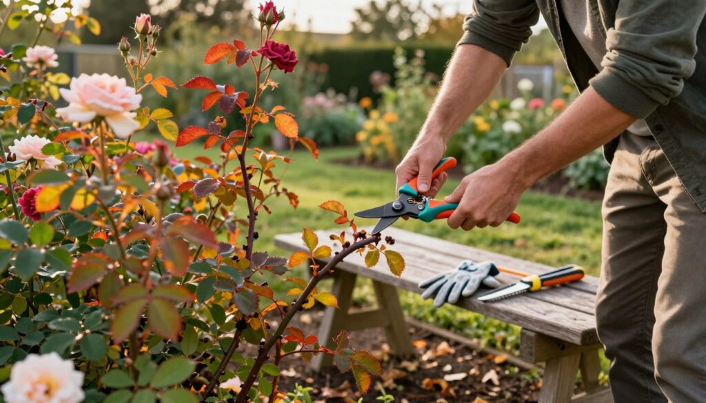 A close-up scene of a person carefully pruning climbing roses in a well-tended garden. The foreground features vibrant, lush rose plants with a variety of colors, showcasing mid-autumn foliage, with falling leaves creating a serene atmosphere. The person, dressed in modest casual clothing, uses professional gardening shears to trim back overgrown branches, demonstrating the step-by-step process of winter preparation. In the middle ground, a wooden gardening bench holds tools like gloves and pruning saws, while the background boasts a softly blurred garden landscape under warm afternoon sunlight. The overall mood is tranquil and focused, emphasizing the care and detail involved in rose maintenance for winter.