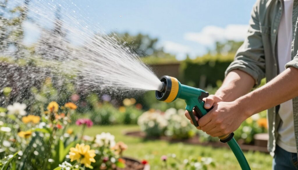 A close-up shot of a garden hose with water gushing out at a strong pressure, surrounded by vibrant green plants and flower beds in full bloom. In the foreground, show the nozzle of the hose actively spraying water, highlighting the strength and quality of the water pressure. In the middle distance, depict a person, dressed in casual gardening attire, adjusting the hose nozzle, looking focused and engaged. The background features a sunny garden scene with clear blue skies, enhancing the bright and cheerful mood. Use soft lighting to create a warm atmosphere, capturing the essence of a sunny day spent outdoors, with a shallow depth of field to emphasize the hose and the action of watering.