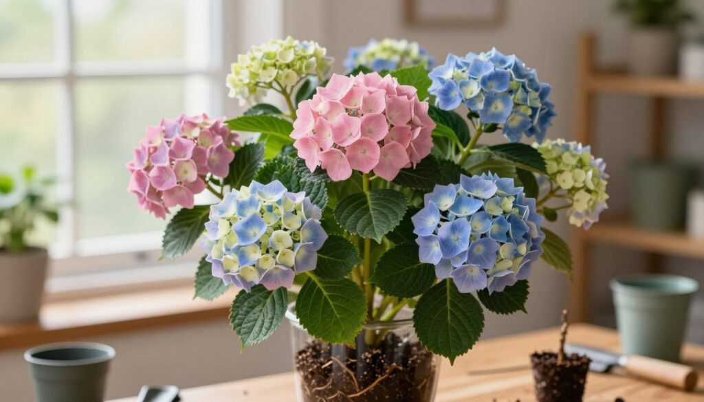 A close-up shot of a vibrant bouquet of hydrangea plants, showcasing lush, green foliage and clusters of large, blooming pastel-colored hydrangea flowers in shades of pink, blue, and white. The flowers are delicately arranged in a clear vase filled with rich potting soil, symbolizing the rooting process. In the background, a soft, natural light filters through a window, casting a warm glow that enhances the vibrant colors of the blooms. The setting is a cozy indoor space, with hints of gardening tools and small pots on a wooden table, evoking a serene and nurturing atmosphere. The focus is sharp on the bouquet, with a faint bokeh effect in the background, creating a peaceful and inviting mood that reflects the nurturing of hydrangea cuttings.