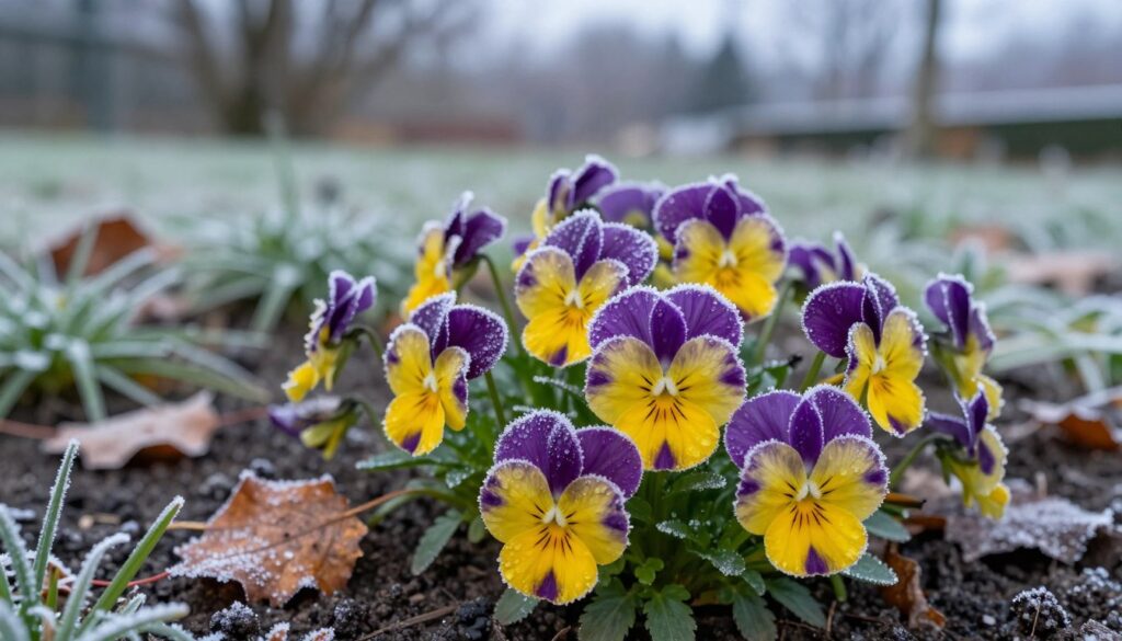 A close-up shot of vibrant pansies (bratki) thriving in a chilly garden setting, showcasing how they withstand temperatures of -5°C, -6°C, and -10°C. In the foreground, focus on dew-kissed pansies with rich purple and yellow hues, their petals slightly frosted, conveying resilience against the cold. In the middle ground, include a layer of frost-covered soil and a few fallen autumn leaves, enhancing the ambiance of early winter. The background features a softly blurred, wintry landscape with hints of snow on grass and distant trees silhouetted against an overcast sky, creating a moody yet harmonious winter scene. Use cool lighting for a serene effect, capturing the peaceful coexistence of nature and frost. A close-up shot of vibrant pansies (bratki) thriving in a chilly garden setting, showcasing how they withstand temperatures of -5°C, -6°C, and -10°C. In the foreground, focus on dew-kissed pansies with rich purple and yellow hues, their petals slightly frosted, conveying resilience against the cold. In the middle ground, include a layer of frost-covered soil and a few fallen autumn leaves, enhancing the ambiance of early winter. The background features a softly blurred, wintry landscape with hints of snow on grass and distant trees silhouetted against an overcast sky, creating a moody yet harmonious winter scene. Use cool lighting for a serene effect, capturing the peaceful coexistence of nature and frost.