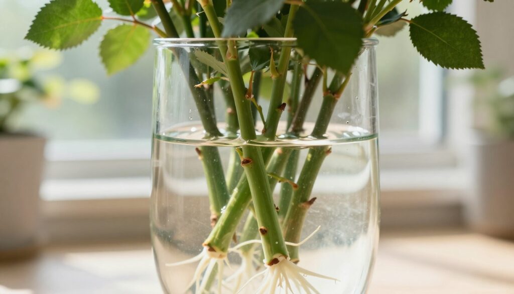A close-up view of a clear glass vase filled with water, showcasing the delicate process of rooting cut roses. In the foreground, well-structured rose stems with vibrant green leaves are submerged in the water, with visible roots forming at the bottom. The middle ground features softly illuminated stems reflecting light, creating a serene atmosphere. The background includes softly blurred natural elements, like out-of-focus garden foliage, enhancing the focus on the rose cuttings. The lighting is bright and natural, reminiscent of a sunlit window, casting gentle shadows. The overall mood is tranquil and nurturing, emphasizing the beauty of plant propagation in a home setting.