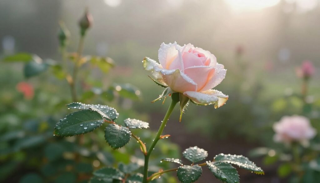 A close-up view of a dewy rose stem placed against a soft-focus background representing a serene garden environment. The foreground features droplets of moisture on the leaves and delicate petals, capturing the essence of humidity essential for plant rooting. In the middle ground, subtle hints of lush greenery and other garden flowers provide a vibrant yet calming atmosphere. The lighting is soft and natural, mimicking early morning sunlight streaming through a gentle haze, creating a warm and inviting mood. The angle is slightly from above, emphasizing the rose’s intricate details while still invoking a sense of serenity and growth. Overall, the image should evoke the tranquility and importance of humidity in the plant propagation process.