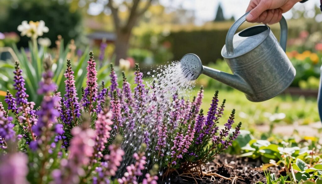 A close-up view of a gardener gracefully watering a lush patch of heather, capturing the essence of meticulous care. In the foreground, a watering can pours delicate streams of water onto vibrant purple and pink heather flowers, their petals glistening under the sunlight. The middle ground features rich green foliage and healthy roots, emphasizing the importance of proper watering techniques. In the background, a serene garden scene unfolds, with soft sunlight filtering through trees, creating a tranquil atmosphere. The mood is peaceful and nurturing, with a focus on nature and gardening. The image is bright and vivid, taken from a slightly elevated angle to highlight the act of watering, showcasing both the plants and the gardener’s attentive approach.