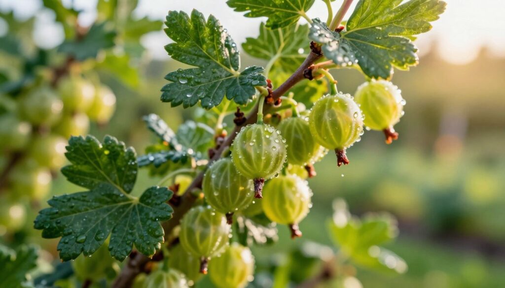 A close-up view of a healthy, vibrant gooseberry bush, showcasing ripe, plump "krótkopędy" fruits glistening with morning dew. The foreground features the lush green leaves with clear, intricate textures, while the middle ground highlights clusters of glossy, round gooseberries, ranging in color from deep emerald to light green. In the background, a soft-focus garden scene with blurred hints of other fruit plants and a warm, golden sunlight filtering through, creating a serene and inviting atmosphere. The image should invoke a sense of freshness and vitality, with gentle shadows and highlights enhancing the natural beauty of the fruits. Capture the scene from a low angle to emphasize the fruits and leaves, creating depth and richness.