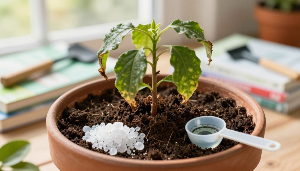 A close-up view of a potted plant with wilted leaves, sitting in rich, dark soil. Surround the pot with common items illustrating mistakes in soil acidification, such as overly bright lime granules, a measuring spoon showing an incorrect dosage of vinegar, and a pH meter displaying an unsuitable reading. In the background, softly blurred plant care books and gardening tools to reflect a home gardening environment. Use natural sunlight filtering through a nearby window, creating a warm and inviting atmosphere. Capture the scene from a slightly elevated angle to emphasize the plant and the surrounding mistakes, encouraging a sense of caution and learning.