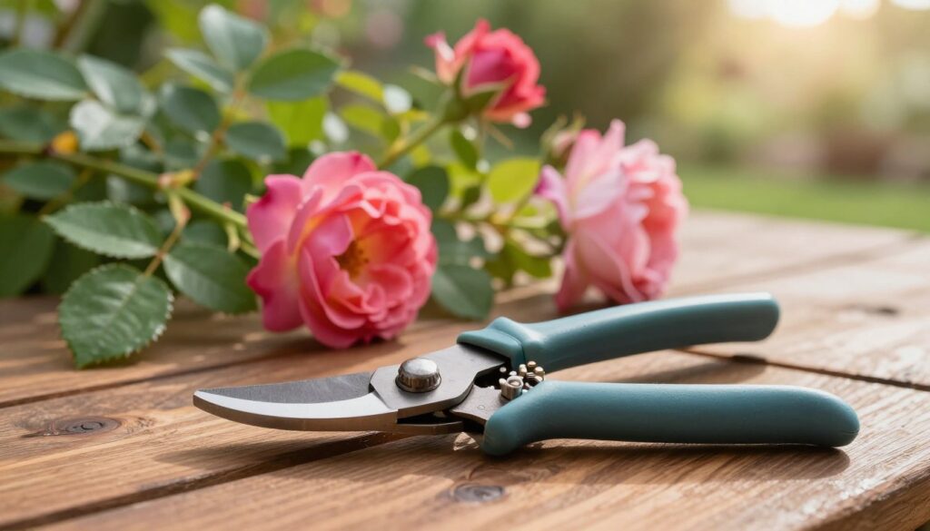 A close-up view of a pruning shears (sekator do róż) resting on a wooden garden table, with fresh, vibrant climbing rose branches in the background. The shears should be detailed, showcasing sharp blades and a sturdy handle, with a slight sheen reflecting soft sunlight. In the mid-ground, lush green leaves of climbing roses should be intertwined with colorful blooms, creating a harmonious balance of color. The background features a blurred garden setting with hints of soft sunlight filtering through, enhancing the peaceful and productive gardening atmosphere. The image should evoke a sense of care and precision in gardening, ideal for showcasing essential tools for pruning climbing roses.
