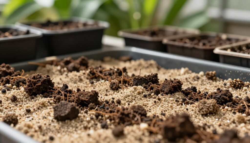 A close-up view of a rich, textured mix of peat and sand as the main focus, showcasing the contrasting grains and organic material. In the foreground, small clumps of dark brown peat intermingle with light-colored sand, highlighting the ideal substrate for plant rooting. In the middle ground, a few small potting containers filled with this substrate are placed thoughtfully, suggesting a gardening scenario. The background features softly blurred green foliage, creating a natural greenhouse atmosphere. The lighting is warm and natural, simulating bright daylight, illuminating the textures of the soil mixture. The composition conveys a sense of growth and nurturing, inviting viewers to appreciate the details of plant care. No text or overlays are present, allowing the visual elements to speak for themselves.