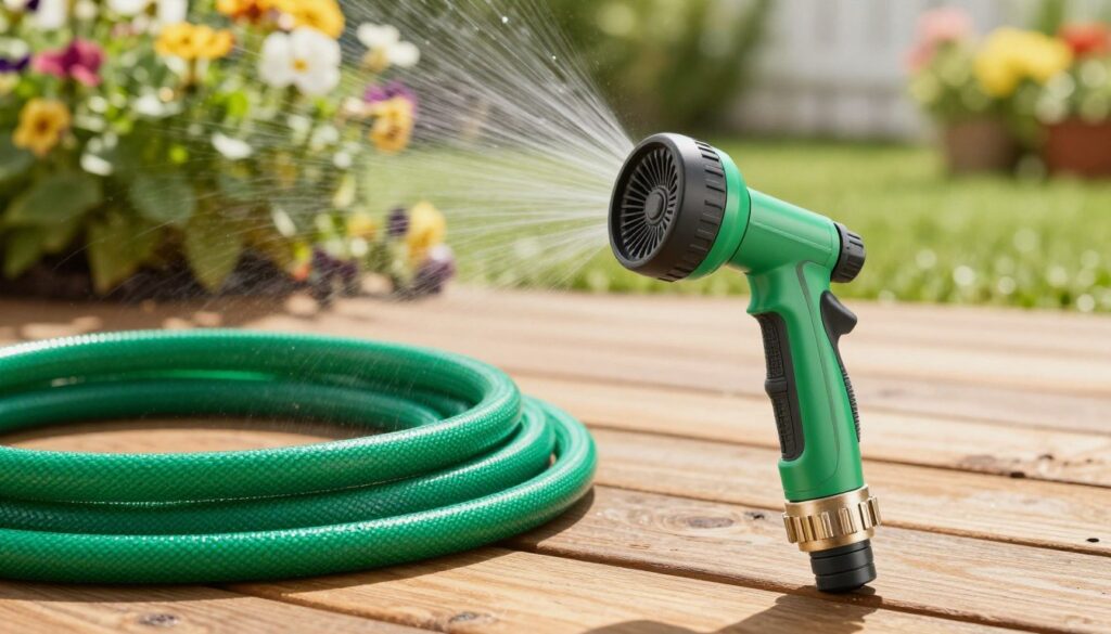 A close-up view of a vibrant green garden hose coiled neatly on a wooden deck, with sunlight glistening off its smooth surface. In the foreground, show the hose connecting to an adjustable spray nozzle, showcasing different spray patterns. In the middle background, include a lush garden with blooming flowers and green foliage, hinting at the hose's purpose for watering plants. The lighting should be bright and warm, creating a cheerful atmosphere that suggests a sunny day. Capture the image from a slightly elevated angle for a dynamic perspective, focusing on the connection point of the hose and nozzle to highlight the concept of enhancing water pressure affordably. The overall mood should be practical and inviting, appealing to garden enthusiasts.
