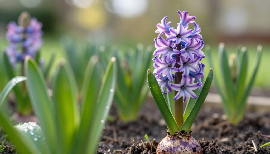 A close-up view of a vibrant hyacinth flower in full bloom, showcasing its intricate petals in shades of purple, pink, and white against a lush green background. The foreground includes dewy leaves with sunlight reflecting off their surface, conveying freshness and health. In the middle, a well-cared-for hyacinth bulb peeks through the soil, illustrating the importance of bulb care after flowering. The background features softly blurred garden elements, such as other blooming plants and gentle sunlight filtering through trees, creating a serene and nurturing atmosphere. The image is bathed in natural light, captured with a shallow depth of field to emphasize the beauty of the hyacinth while creating a calm and inviting scene, perfect for a horticultural article.