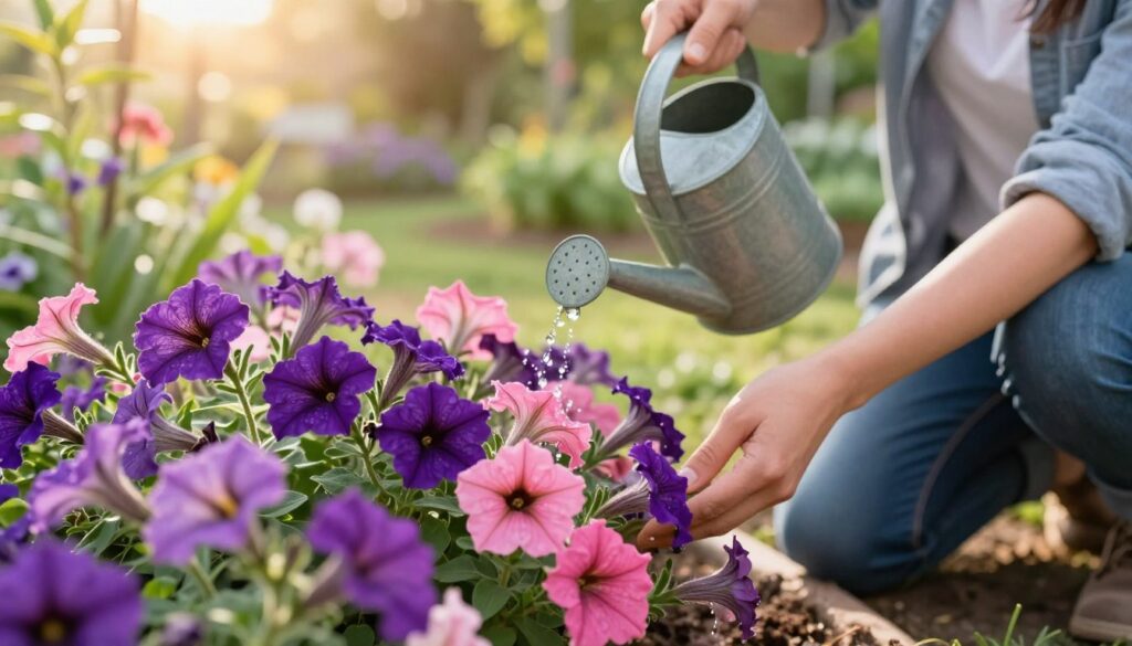 A close-up view of a vibrant petunia plant in full bloom, showcasing its colorful flowers in varying shades of purple and pink. In the foreground, a gardener gently waters the petunias using a delicate watering can, with droplets glistening in the sunlight. The gardener, dressed in modest casual clothing, kneels on a well-tended garden bed. In the background, a sunny garden scene unfolds, with the soft glow of sunlight filtering through the leaves of nearby plants, casting a warm atmosphere. The image captures the essence of proper watering techniques, highlighting both the beauty of the flowers and the care taken in their maintenance, evoking a sense of tranquility and connection to nature.