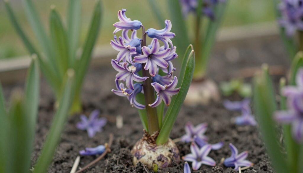 A close-up view of a wilted hyacinth plant in a garden, highlighting the faded petals and drooping leaves to symbolize the stage of "przekwitnięciu." In the foreground, focus on the delicate, torn flowers with soft pastel colors fading from vibrant purples to muted pinks. The middle ground features the bulb, partially exposed in the soil, surrounded by fallen petals, illustrating neglect. In the background, a blurred garden setting with muted greens and browns conveys a sense of abandonment. Soft, natural lighting filters through, casting gentle shadows for a melancholic atmosphere. The image captures the essence of mistakes in gardening care that prevent hyacinths from blooming again.