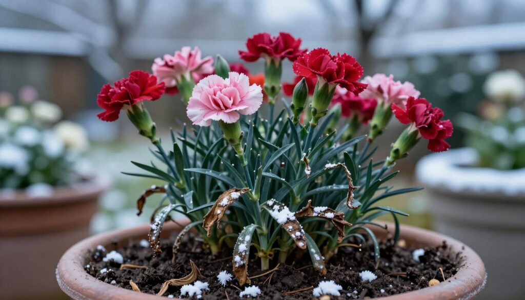 A close-up view of an infested pot of carnations (goździki), showcasing symptoms of fungal diseases such as powdery mildew and root rot. In the foreground, wilted brown leaves and scattered white powder reveal distressing fungal growth. The middle layer features vibrant yet damaged blossoms fighting for survival, contrasting against the darker, decaying soil. The background features a blurred wintery garden setting with a soft, cool light filtering through snow-covered branches, creating a rather somber yet reflective atmosphere. Use a shallow depth of field to focus on the details of the flowers and the soil, while keeping the background soft and indistinct. The overall mood conveys the challenges of wintering potted flowers, highlighting the need for attention and care. A close-up view of an infested pot of carnations (goździki), showcasing symptoms of fungal diseases such as powdery mildew and root rot. In the foreground, wilted brown leaves and scattered white powder reveal distressing fungal growth. The middle layer features vibrant yet damaged blossoms fighting for survival, contrasting against the darker, decaying soil. The background features a blurred wintery garden setting with a soft, cool light filtering through snow-covered branches, creating a rather somber yet reflective atmosphere. Use a shallow depth of field to focus on the details of the flowers and the soil, while keeping the background soft and indistinct. The overall mood conveys the challenges of wintering potted flowers, highlighting the need for attention and care.