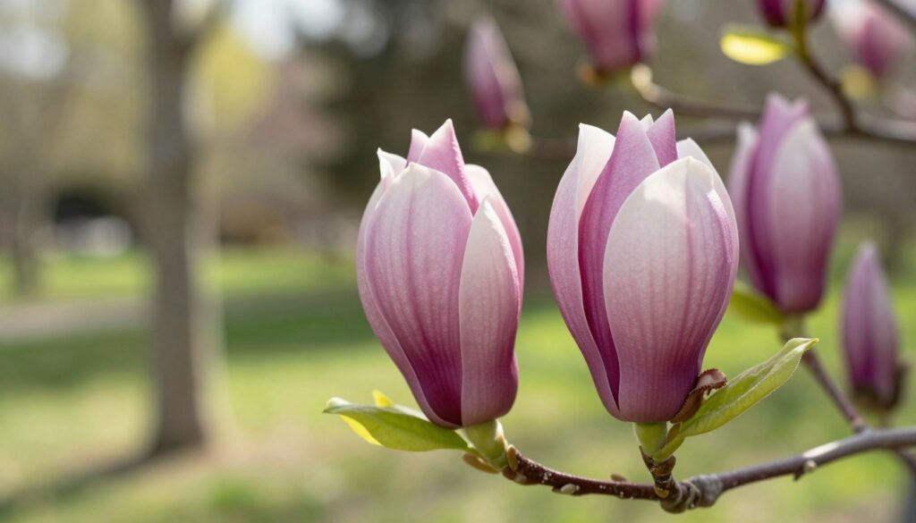 A close-up view of blooming magnolia buds, showcasing the delicate, velvety petals unfurling in soft shades of pink and white. The foreground features several flower buds bursting with life, their intricate textures and subtle gradients clearly visible. In the middle ground, leafy branches provide contrast, with vibrant green leaves ready to emerge. The background captures a softly blurred scene of a serene garden, infused with dappled sunlight filtering through the trees, creating a warm and inviting atmosphere. The image is taken from a low angle, adding depth and emphasizing the beauty of the magnolia. The overall mood is peaceful and refreshing, highlighting the transient beauty of spring blooms.