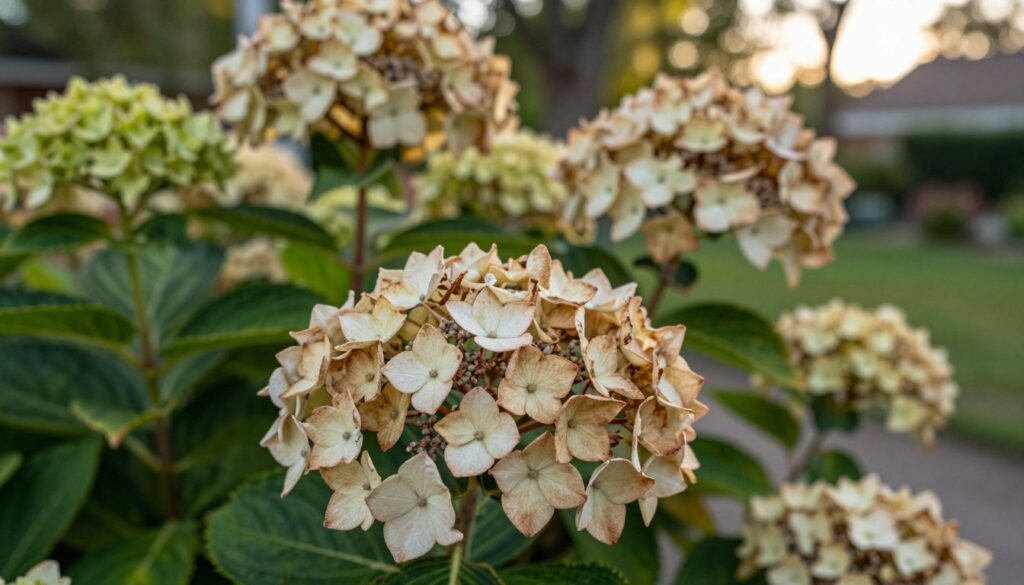 A close-up view of faded hydrangea flower clusters, showcasing the delicate textures and muted colors of their wilting petals. The foreground features several dry flower heads with shades of pale cream and soft brown, highlighting their intricate structures. In the middle ground, lush green leaves provide contrast, slightly blurred to emphasize the flowers. The background includes a soft-focus garden setting with hints of sunlight filtering through trees, creating a warm and serene atmosphere. The lighting is soft and natural, reminiscent of late afternoon sun, casting gentle shadows that enhance the details of the flowers. The overall mood evokes a sense of quiet reflection on the cycle of blooming and pruning in nature.