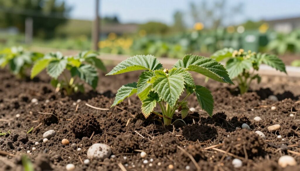 A close-up view of fertile soil prepared for raspberry cultivation, showcasing dark, rich earth filled with organic matter. In the foreground, small stones and pebbles can be seen scattered throughout the soil. In the middle ground, vibrant green raspberry plants ready for planting emerge, with bright green leaves demonstrating health and vitality. The background features a soft blur of a sunny garden environment with out-of-focus trees and a clear blue sky, creating a warm and inviting atmosphere. Natural lighting illuminates the scene, casting gentle shadows that accentuate the texture of the soil, creating a sense of depth and richness. The overall mood is one of hope and growth, perfect for illustrating the importance of soil preparation before fertilization. A close-up view of fertile soil prepared for raspberry cultivation, showcasing dark, rich earth filled with organic matter. In the foreground, small stones and pebbles can be seen scattered throughout the soil. In the middle ground, vibrant green raspberry plants ready for planting emerge, with bright green leaves demonstrating health and vitality. The background features a soft blur of a sunny garden environment with out-of-focus trees and a clear blue sky, creating a warm and inviting atmosphere. Natural lighting illuminates the scene, casting gentle shadows that accentuate the texture of the soil, creating a sense of depth and richness. The overall mood is one of hope and growth, perfect for illustrating the importance of soil preparation before fertilization.