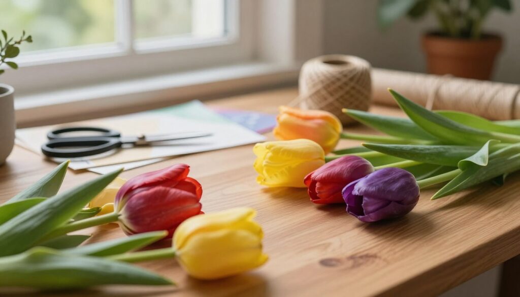 A close-up view of freshly cut tulips being dried quickly using a flat method, surrounded by a serene DIY workspace. In the foreground, vibrant tulips in various colors—reds, yellows, and purples—are carefully arranged on a smooth wooden surface. The middle background features tools like scissors, twine, and decorative papers, all under warm, soft natural lighting filtering in through a nearby window, creating a cozy atmosphere. The background includes soft-focus greenery, suggesting a garden just outside. The image conveys a tranquil and artistic mood, emphasizing the preservation of shape and color in the drying process.
