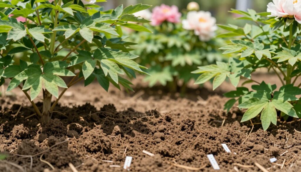 A close-up view of healthy, rich brown soil, showing various textures and organic matter details, surrounded by vibrant green peony plants with lush leaves. The soil is moist and crumbly, highlighting its pH balance with small indicators like soil pH test strips subtly placed in the foreground. In the middle ground, soft sunlight filters through the leaves, creating dappled shadows that enhance the earthy feel. The background features a serene garden setting, with out-of-focus peony flowers in soft pastel colors, creating a calm and inviting atmosphere. The overall mood is peaceful and educational, evoking a sense of nurturing and care for the plants. The image should be well-lit to showcase the vibrant colors of the garden and the texture of the soil without any text or overlays.