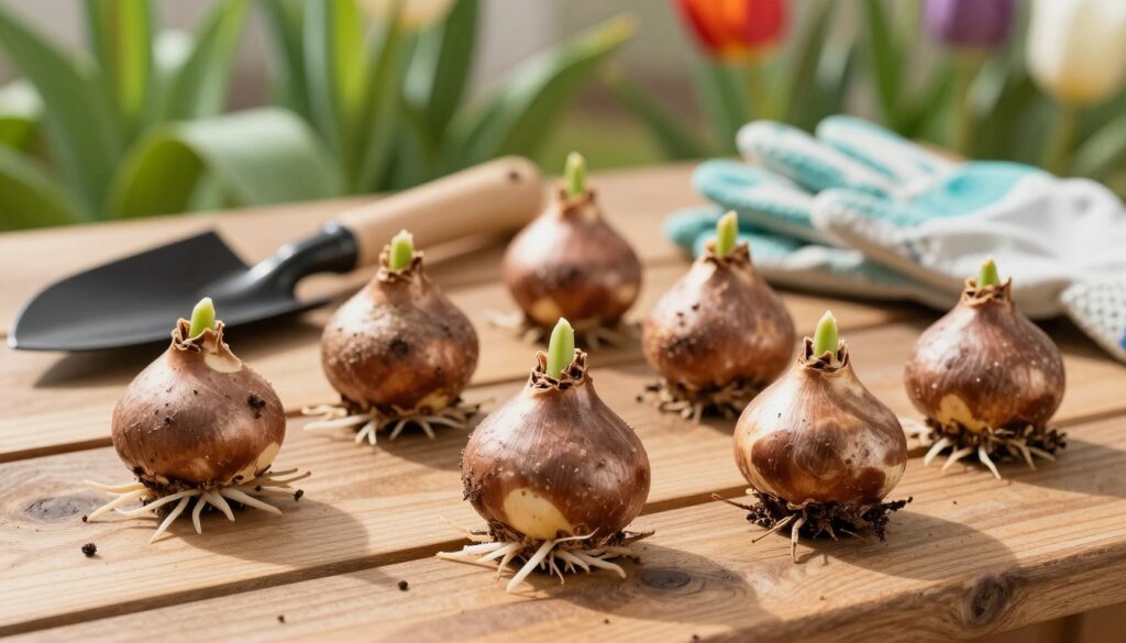 A close-up view of healthy tulip bulbs arranged on a wooden gardening table, showcasing their distinctive teardrop shape and rich, earthy tones. The foreground features several bulbs with varying sizes, some with intact roots and others partially exposed, illustrating preparation for planting. In the middle ground, scattered gardening tools, like a trowel and gloves, suggest an ongoing planting process. The background consists of soft-focus green foliage and hints of spring flowers, creating a vibrant and lively atmosphere. Natural daylight illuminates the scene, casting gentle shadows that emphasize the texture of the bulbs and the wooden table. A warm, inviting mood captures the essence of gardening preparation, perfect for an article on planting tulips.