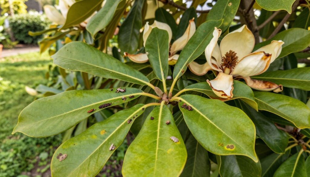 A close-up view of magnolia leaves showing various pests and signs of disease, beautifully arranged on the lush green foliage. In the foreground, focus on magnolia leaves with bright green veins and small, detailed insects like scale, aphids, and leaf rollers, showcasing their impact on the plant's health. In the middle ground, include some affected flowers with browning edges and discolored spots, hinting at underlying diseases. The background features a soft-focus garden setting with other healthy plants, enhancing the contrast between the flourishing and infested areas. The lighting is warm and natural, simulating a sunny day, with a slight bokeh effect to emphasize the subject. The overall atmosphere conveys a blend of beauty and concern, highlighting the challenges faced by magnolias in their growth journey.