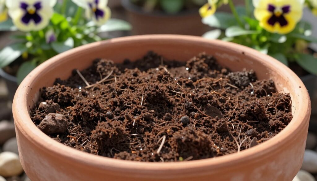 A close-up view of potting soil in a terracotta flower pot, showcasing rich dark brown earth with visible texture and moisture droplets. Surround the pot with small stones for drainage, emphasizing a healthy planting environment. In the background, softly blurred green leaves of pansies, hinting at blooming flowers, create a vibrant atmosphere. Natural sunlight filters through, casting warm, inviting light onto the soil, highlighting its richness and vitality. The overall composition conveys a sense of nurturing and the importance of proper soil care for the flourishing of plants, evoking a peaceful and serene gardening ambiance.