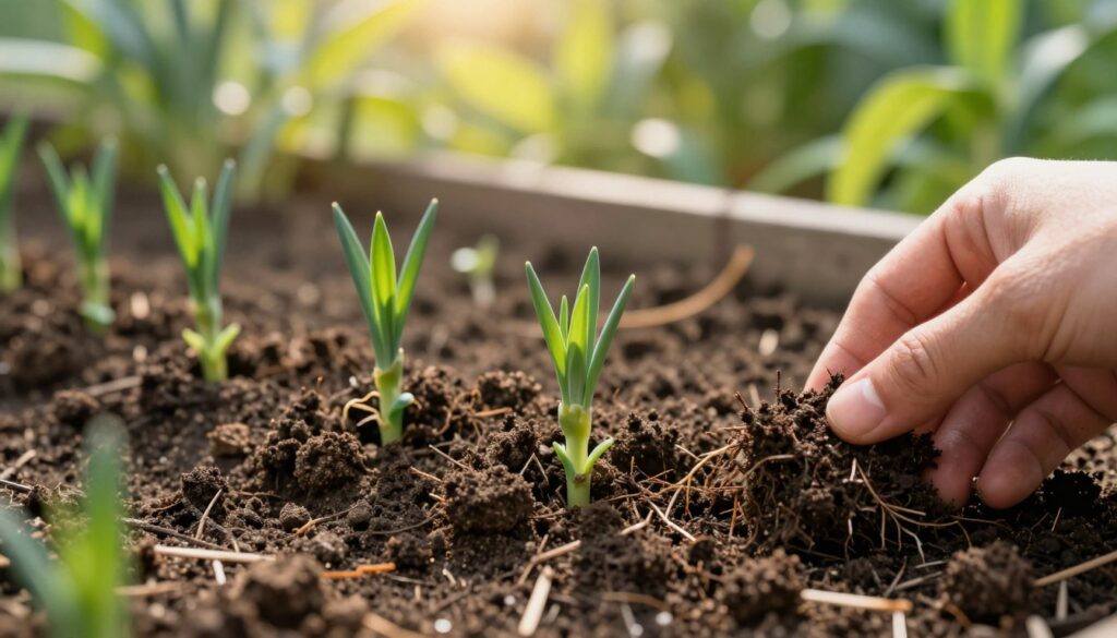 A close-up view of rich, nutrient-dense soil suitable for growing carnations, showcasing its texture and composition. The foreground features a hand gently sifting through the dark, crumbly earth, revealing small roots and organic particles. In the middle ground, vibrant green shoots of newly sprouted carnations emerge, indicating healthy growth. The background includes blurred, sunlit garden foliage, enhancing the freshness of the setting. Warm, natural sunlight casts a soft glow, highlighting the details of the soil and plants. The atmosphere is serene and inviting, capturing the essence of a thriving plant environment. Use a shallow depth of field to emphasize the soil and plants, creating a professional and educational visual representation.