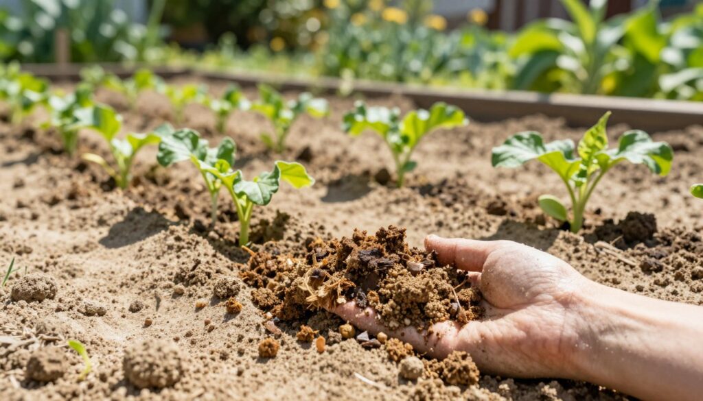 A close-up view of sandy soil enriched with natural compost and fertilizers, depicting healthy green plants thriving amidst the sandy texture. In the foreground, show a handful of nutrient-rich compost being spread onto the soil, with visible dark organic matter contrasting against the light sand. The middle ground features sprouting seedlings and mature plants, flourishing under bright, natural sunlight that casts soft shadows. In the background, include a blurred representation of a lush garden, emphasizing the transformation of the sandy ground into fertile land. The overall mood is one of growth and vitality, with a warm, inviting atmosphere suggesting sustainability and natural enrichment. Use a slight upward angle to focus on the soil and plants, capturing the essence of land improvement.