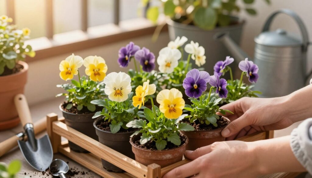 A close-up view of vibrant, freshly potted pansies (bratki) being acclimatized outside, arranged in a decorative wooden plant stand. In the foreground, show a gardener's hand gently placing the pots, showcasing rich color varieties of pansies—yellow, purple, and white blossoms. The middle ground features an assortment of gardening tools like a trowel and watering can, with soft soil visible. The background highlights a cozy balcony or garden setting, bathed in warm afternoon sunlight, casting delicate shadows of leaves. The atmosphere is serene and nurturing, embodying a sense of care and preparation for the plants before the colder weather arrives. Use a soft focus for a dreamy effect, simulating a shallow depth of field with golden light illuminating the scene. A close-up view of vibrant, freshly potted pansies (bratki) being acclimatized outside, arranged in a decorative wooden plant stand. In the foreground, show a gardener's hand gently placing the pots, showcasing rich color varieties of pansies—yellow, purple, and white blossoms. The middle ground features an assortment of gardening tools like a trowel and watering can, with soft soil visible. The background highlights a cozy balcony or garden setting, bathed in warm afternoon sunlight, casting delicate shadows of leaves. The atmosphere is serene and nurturing, embodying a sense of care and preparation for the plants before the colder weather arrives. Use a soft focus for a dreamy effect, simulating a shallow depth of field with golden light illuminating the scene.