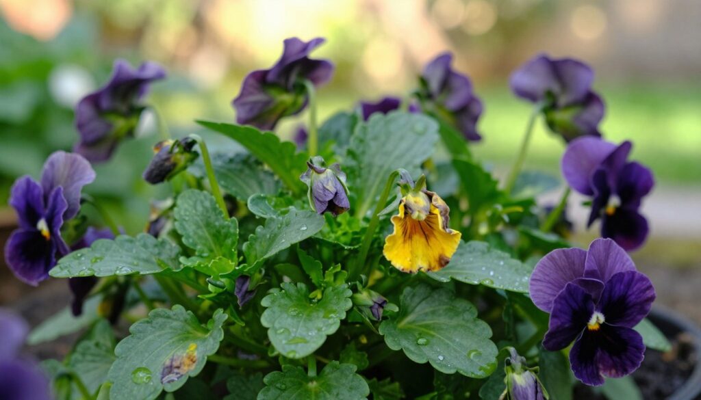 A close-up view of vibrant pansy leaves, showcasing healthy, lush foliage with a mix of deep green and violet hues, contrasting with a few wilted, yellowing leaves to symbolize overwatering and underwatering symptoms. The foreground features droplets of water glistening on the leaves, mimicking recent watering, while the middle section includes mature flower buds peeking through, adding life and color to the scene. In the background, a soft, blurred garden setting with gentle sunlight filtering through trees creates a warm atmosphere. Capture the image using a macro lens, emphasizing texture and detail, while maintaining a tranquil and informative mood. Ensure no text, logos, or other markings disrupt the natural beauty of the pansies.
