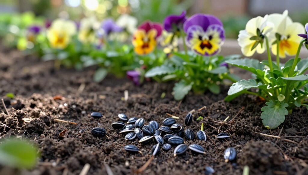 A close-up view of vibrant pansy seeds scattered on rich, dark soil, illuminated by soft, natural sunlight filtering through green leaves above. In the foreground, the glossy black seeds show intricate textures and patterns, with a hint of moisture from recent watering. The middle ground reveals soft, budding shoots of pansies breaking through the soil, showcasing their vivid colors starting to emerge. The background consists of a lush, garden setting with a blurred assortment of established pansy plants in full bloom, creating a warm and inviting atmosphere. The composition conveys a sense of growth, nurturing, and the gentle cycle of nature, perfect for illustrating the process of seed propagation in a garden. A close-up view of vibrant pansy seeds scattered on rich, dark soil, illuminated by soft, natural sunlight filtering through green leaves above. In the foreground, the glossy black seeds show intricate textures and patterns, with a hint of moisture from recent watering. The middle ground reveals soft, budding shoots of pansies breaking through the soil, showcasing their vivid colors starting to emerge. The background consists of a lush, garden setting with a blurred assortment of established pansy plants in full bloom, creating a warm and inviting atmosphere. The composition conveys a sense of growth, nurturing, and the gentle cycle of nature, perfect for illustrating the process of seed propagation in a garden.