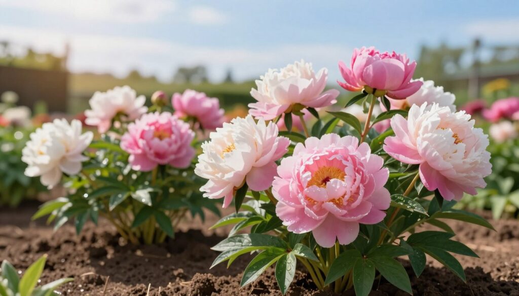 A close-up view of vibrant peonies in full bloom, showcasing their lush petals in shades of pink and white, flourishing in rich, well-aerated soil. The foreground features the delicate textures of peony leaves, dew glistening on their surface. The middle ground captures several peony plants arranged harmoniously, highlighting the importance of spacing for optimal growth. In the background, a sunny garden scene with a soft-focus effect, revealing a clear blue sky and gentle sunlight casting warm, inviting light on the flowers. The atmosphere is serene and vibrant, emphasizing the beauty of well-cared-for peonies thriving in suitable soil conditions. The image is shot with a macro lens to detail the flowers and soil, creating a calming, enchanting mood.