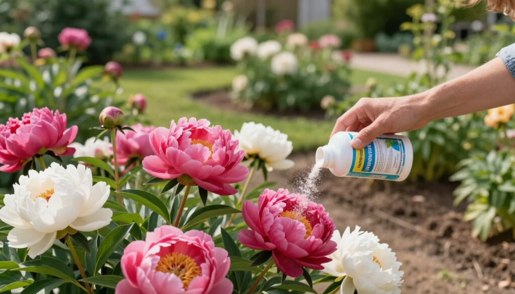 A close-up view of vibrant peonies in full bloom, showcasing their lush petals with rich colors like deep pink and soft white. In the foreground, a gardener gently applying granular fertilizer that emphasizes phosphorus and potassium, highlighting the importance of proper nutrition for these flowers. The middle ground features a well-maintained garden bed, with various peony plants thriving under bright sunlight, creating an inviting atmosphere. The background displays a softly blurred garden setting with greenery and other flowering plants, suggesting a harmonious ecosystem. The image is lit with warm, natural light to evoke a peaceful and nurturing mood. The composition should be captured from a slightly elevated angle to emphasize both the plants and the gardener's caring actions.