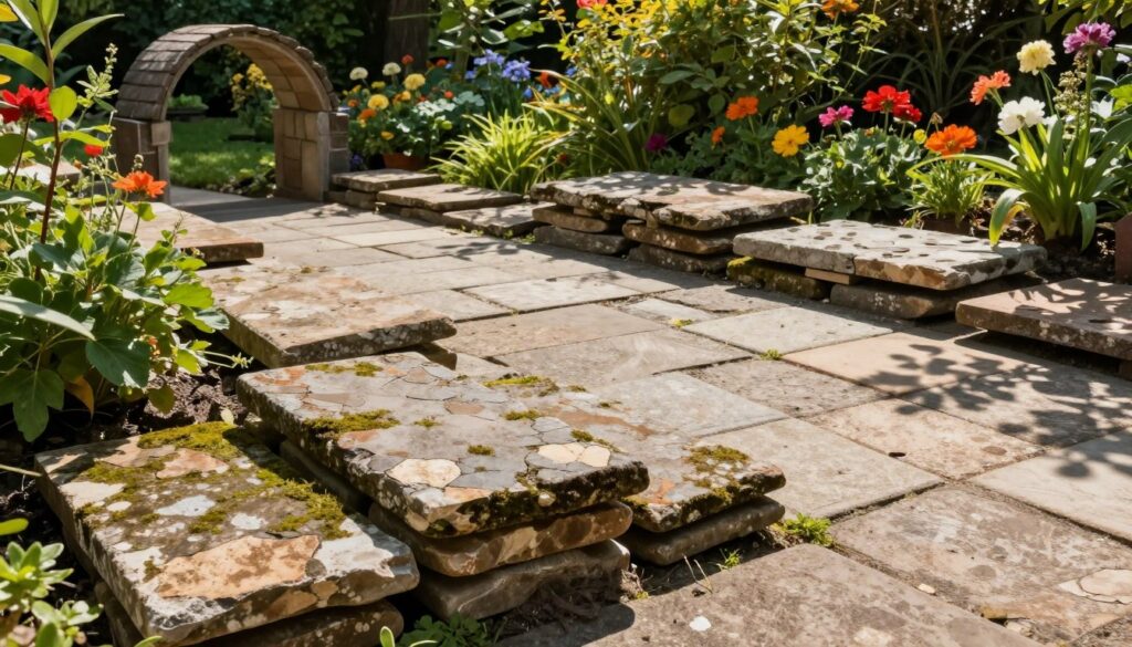 A collection of weathered, old pavement slabs arranged artistically in a sunny garden setting. In the foreground, several chipped and moss-covered slabs are stacked and ready for creative reuse, showcasing their textured surfaces and natural imperfections. The middle ground features a partially constructed pathway made from these slabs, leading towards a small decorative archway. In the background, lush greenery and colorful flowers provide a vibrant contrast, with soft sunlight filtering through the leaves, creating dappled shadows on the ground. The atmosphere is warm and inviting, suggesting potential for transformation and new life for the old materials. The scene captures a blend of rustic charm and practical landscaping ideas.