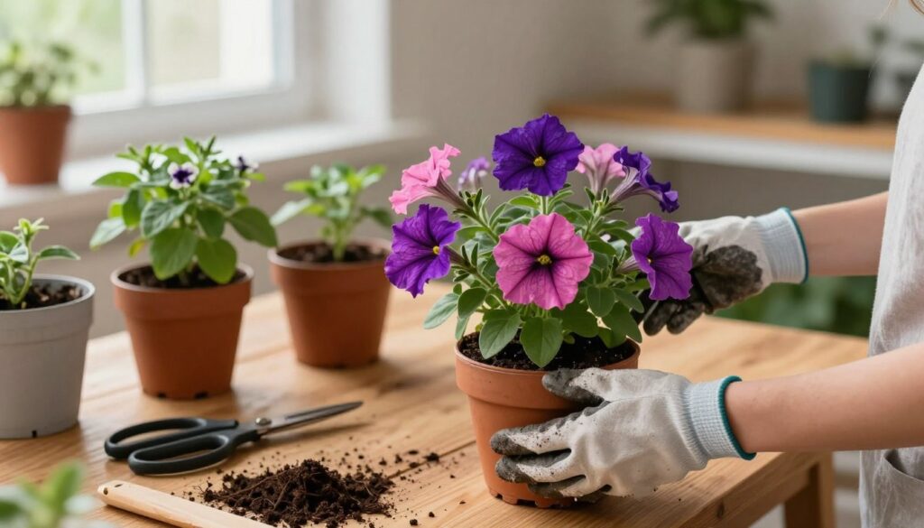 A cozy indoor gardening scene featuring a person gently preparing potted petunias for winter. In the foreground, focus on a pair of hands with gardening gloves, delicately pruning vibrant purple and pink petunias, showcasing their lush petals. In the middle, include a wooden table filled with essential tools like scissors, pots, and soil, creating an inviting atmosphere. The background should depict a warmly lit room with soft, natural light filtering through a window, highlighting healthy green leaves and the vibrant colors of the flowers. Three-dimensional depth should evoke a sense of calm and care, emphasizing the nurturing process of winter plant preparation. The mood is serene and encouraging, capturing a moment of attentive gardening.