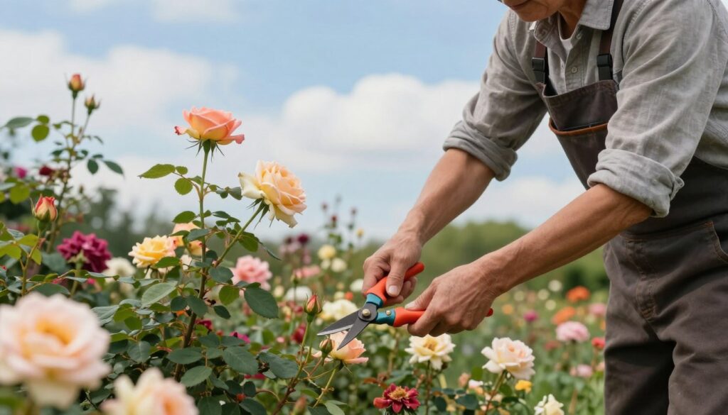 A detailed and engaging scene of a gardener carefully pruning roses in a vibrant garden. In the foreground, focus on the gardener, a middle-aged person wearing modest, practical gardening attire, holding sharp pruning shears. Their face reflects concentration and care, illustrating the precision required for trimming different types of roses. In the middle ground, various rose bushes in full bloom showcase diverse colors and types, indicating the variety that requires specific pruning techniques. The background features a bright blue sky and soft, wispy clouds, adding to the cheerful atmosphere. Soft, natural lighting enhances the vibrancy of the rose petals and the green foliage, creating a warm, inviting mood perfect for a gardening article.