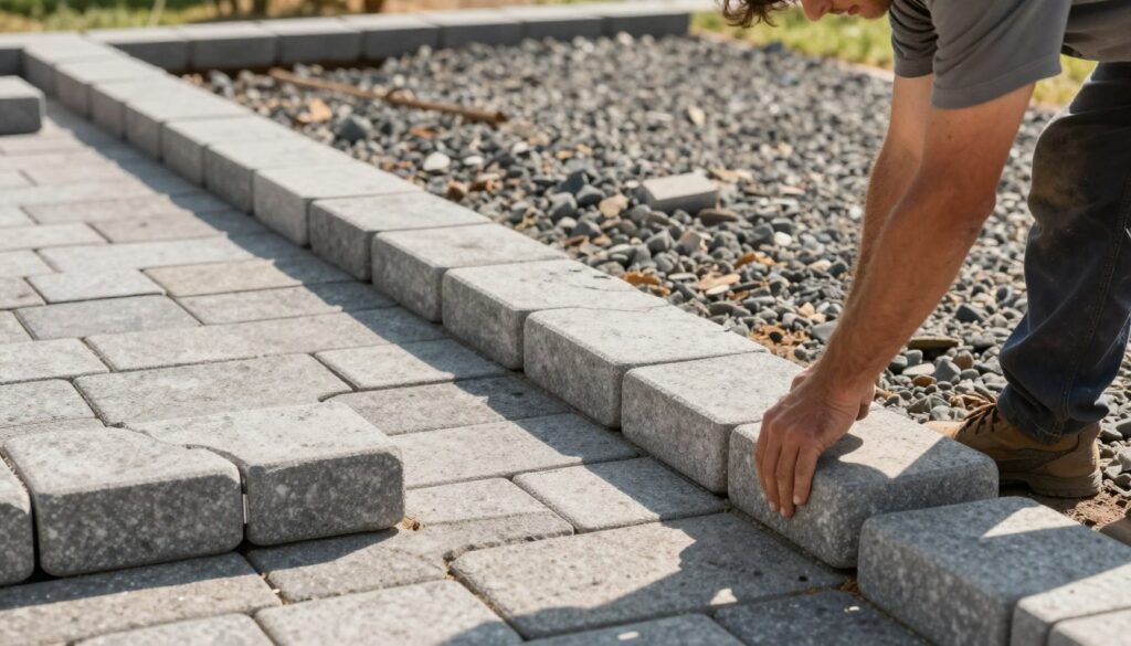 A detailed and technical illustration of the process of laying paving stones for a driveway, showcasing the intricate steps involved. In the foreground, focus on a professional tradesperson in modest work attire carefully placing a paving stone, ensuring perfect alignment and spacing. In the middle ground, display a row of freshly laid stones, highlighting the unique interlocking pattern that enhances load-bearing capacity. The background should feature a partially completed driveway with visible layers of sub-base and compacted gravel, emphasizing the structural integrity required to prevent cracking. Use natural sunlight for illumination to create a warm, inviting atmosphere, capturing the essence of skilled craftsmanship in hardscaping. The angle should be slightly elevated and tilted to provide a dynamic view of the work process.