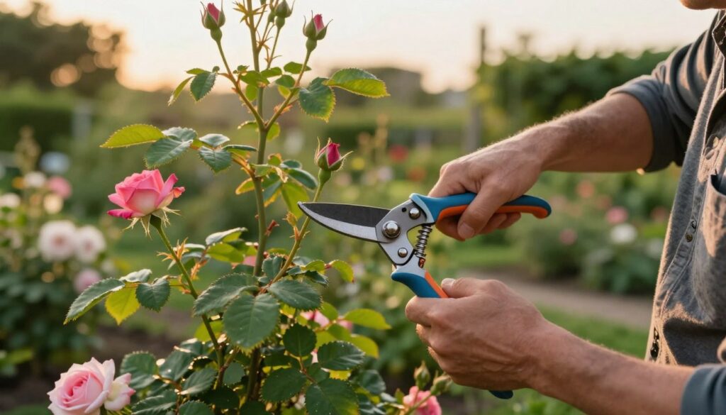 A detailed close-up image of a pruning technique for climbing roses, showcasing an expert gardener in modest casual clothing demonstrating the proper cutting method. The foreground features a clean pair of pruning shears poised at an angle, about to cut a rose stem just above a healthy bud, emphasizing the importance of the 'outward eye' position. In the middle, the lush green foliage of climbing roses surrounds the focus, highlighting the vibrant hues of the flowers yet to bloom. The background captures a serene garden setting during golden hour, with soft, warm lighting casting gentle shadows. The atmosphere is tranquil and educational, illustrating careful, thoughtful gardening practices.