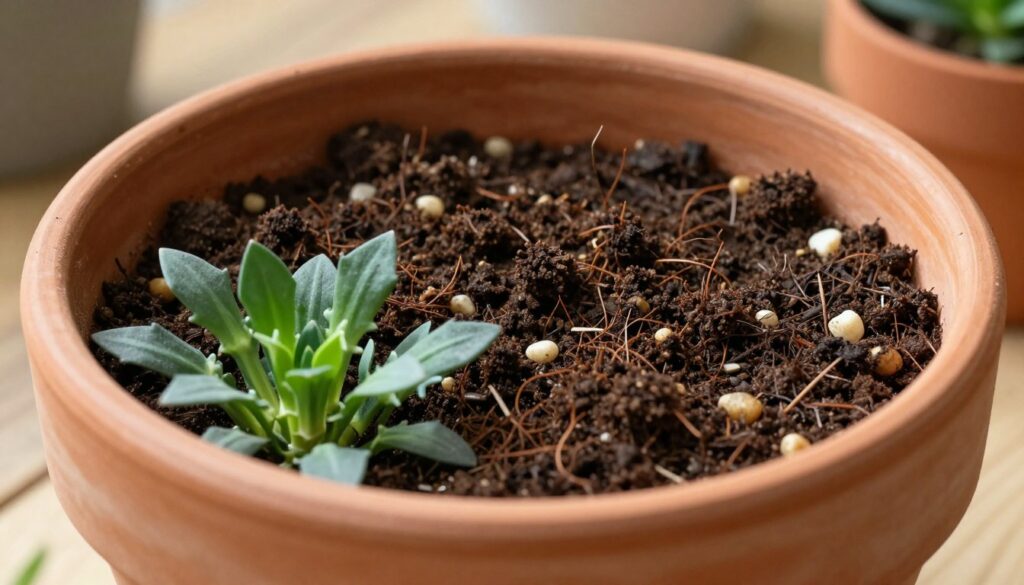 A detailed close-up of a vibrant potting mix in a terracotta flowerpot, showcasing rich, dark soil with visible organic matter, and small pebbles to indicate proper drainage. The foreground features lush, green leaves of healthy carnations peeking through the soil, demonstrating vitality. In the middle ground, the texture and layers of the soil are highlighted, showing a well-aerated structure ideal for root growth. The background softly fades into a blurred indoor space, with warm, natural lighting illuminating the scene, creating a cozy winter atmosphere. The overall mood is nurturing and serene, reflecting the care needed for winter plant maintenance, emphasizing the importance of the right substrate for preventing root rot. A detailed close-up of a vibrant potting mix in a terracotta flowerpot, showcasing rich, dark soil with visible organic matter, and small pebbles to indicate proper drainage. The foreground features lush, green leaves of healthy carnations peeking through the soil, demonstrating vitality. In the middle ground, the texture and layers of the soil are highlighted, showing a well-aerated structure ideal for root growth. The background softly fades into a blurred indoor space, with warm, natural lighting illuminating the scene, creating a cozy winter atmosphere. The overall mood is nurturing and serene, reflecting the care needed for winter plant maintenance, emphasizing the importance of the right substrate for preventing root rot.