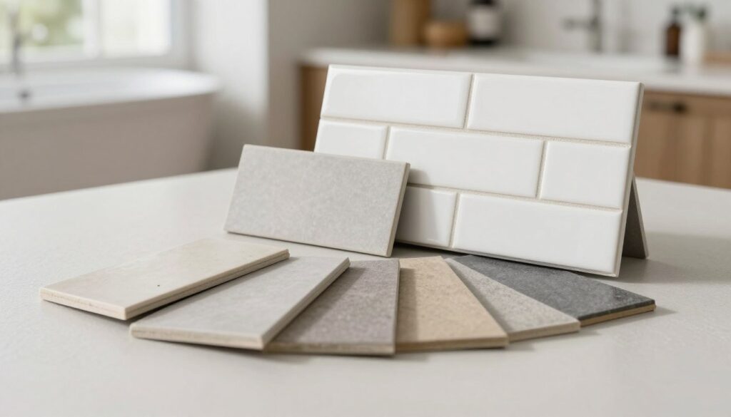 A detailed color swatch selection for grout options, showcasing various colors suited for white tiles. The foreground features a stylish arrangement of grout samples, ranging from soft grays to deeper tones, each placed on a clean, modern surface with a subtle texture. In the middle, an elegant display of white tiles in different sizes and layouts, demonstrating how each grout color complements the tiles, with slight shadows adding depth. The background consists of a softly blurred interior home setting, like a bathroom or kitchen, with natural light illuminating the scene, creating a warm and inviting atmosphere. The overall mood is professional and sophisticated, focusing on the aesthetic beauty of color selection in home decor.