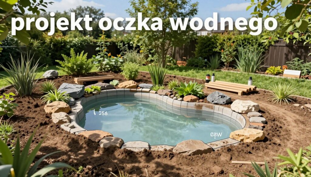 A detailed illustration of a backyard pond project called "projekt oczka wodnego," showcasing a step-by-step design process. In the foreground, display a partially excavated area shaped like a natural pond, with various depths indicated and clear outlines of the intended water feature. In the middle ground, include construction materials like rocks and plants ready for placement, emphasizing the pond's organic shape. In the background, depict lush greenery and a blue sky, creating a serene outdoor atmosphere. Use bright, natural daylight to highlight the textures of the soil and plants, and shoot from an elevated angle to give a comprehensive view of the project layout. The overall mood should evoke tranquility and inspiration for DIY enthusiasts.