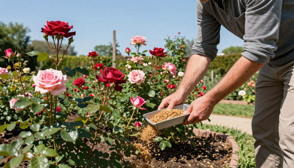 A detailed step-by-step guide on applying granular manure for roses, depicted in an educational garden setting. In the foreground, a gardener, dressed in modest casual clothing, is actively applying the granular manure around blooming rose bushes, demonstrating proper technique. The middle ground features vibrant rose plants in various stages of bloom, showcasing their rich colors and healthy foliage. In the background, a sunny, well-tended garden with a clear blue sky provides a serene atmosphere, with gentle sunlight illuminating the scene. The angle is slightly tilted to provide depth, highlighting both the gardener’s actions and the flourishing roses. The overall mood is peaceful and instructive, emphasizing the care involved in rose gardening.