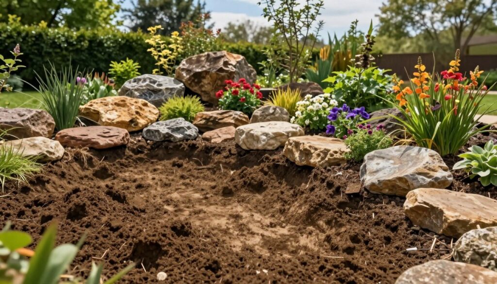 A detailed step-by-step illustration of creating a rock garden, focusing on the transition from turf removal to a well-structured landscape. In the foreground, showcase a partially dug-up area where turf has been removed, exposing rich soil. In the middle, depict a variety of stones and rocks arranged artistically, complemented by vibrant plants and flowers that mimic a natural setting. In the background, include a serene garden landscape with lush greenery and a blue sky. The lighting is warm and natural, highlighting the textures of the rocks and plants, conveying an atmosphere of peaceful garden creation. Use a slightly elevated angle to capture the depth and arrangement of elements effectively, ensuring a cohesive perspective. A detailed step-by-step illustration of creating a rock garden, focusing on the transition from turf removal to a well-structured landscape. In the foreground, showcase a partially dug-up area where turf has been removed, exposing rich soil. In the middle, depict a variety of stones and rocks arranged artistically, complemented by vibrant plants and flowers that mimic a natural setting. In the background, include a serene garden landscape with lush greenery and a blue sky. The lighting is warm and natural, highlighting the textures of the rocks and plants, conveying an atmosphere of peaceful garden creation. Use a slightly elevated angle to capture the depth and arrangement of elements effectively, ensuring a cohesive perspective.