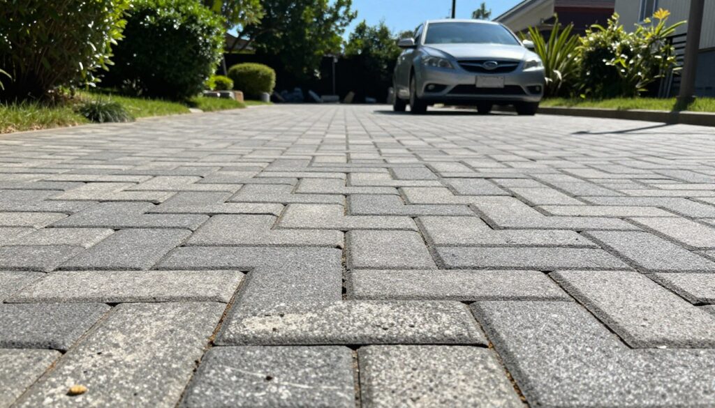 A detailed view of a driveway made of interlocking paving stones, showcasing different thicknesses suitable for various vehicle weights, highlighting robust and durable materials. The foreground features a close-up of the textured stones, each varying in depth, with some worn from usage, illustrating the importance of proper thickness. The middle ground presents a portion of the driveway with a small car parked, demonstrating real-world application and scale. In the background, lush greenery frames the scene, with soft sunlight filtering through the leaves, casting gentle shadows that enhance the textures of the stones. The atmosphere is informative yet inviting, with a clear blue sky overhead. The composition is shot at a low angle to emphasize the quality and variety of the paving stones, creating an engaging visual for educational purposes.