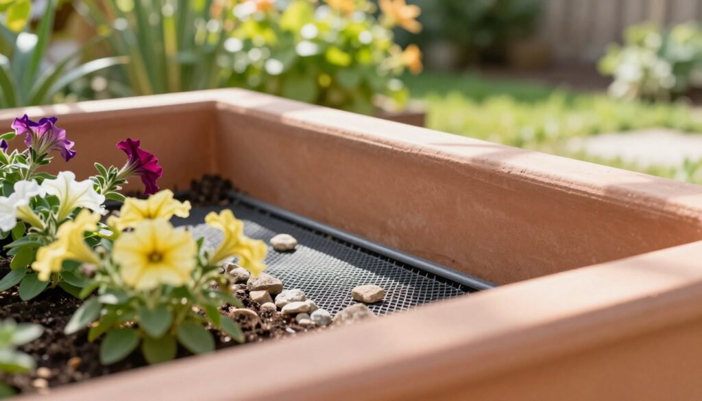 A detailed view of a gardening container box with a focus on drainage and hygiene. The foreground features a beautifully arranged planting box with petunias in various colors, showcasing a well-structured drainage system with small rocks and mesh at the bottom. The middle ground highlights clean, terracotta walls of the container, emphasizing hygiene and proper preparation for planting. In the background, a lush garden setting is softly blurred, with sunlight filtering through leaves, creating a warm and inviting atmosphere. Soft shadows add depth, and the overall mood conveys freshness and care in gardening practices. The scene is captured from a slight angle to highlight the interior of the box, using natural daylight for a bright and vibrant quality. A detailed view of a gardening container box with a focus on drainage and hygiene. The foreground features a beautifully arranged planting box with petunias in various colors, showcasing a well-structured drainage system with small rocks and mesh at the bottom. The middle ground highlights clean, terracotta walls of the container, emphasizing hygiene and proper preparation for planting. In the background, a lush garden setting is softly blurred, with sunlight filtering through leaves, creating a warm and inviting atmosphere. Soft shadows add depth, and the overall mood conveys freshness and care in gardening practices. The scene is captured from a slight angle to highlight the interior of the box, using natural daylight for a bright and vibrant quality.